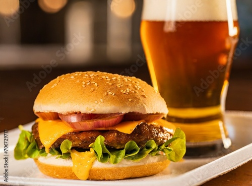 Beef burger and glass of beer