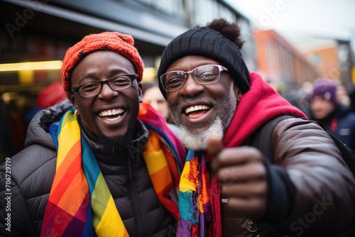Generative AI illustration of smiling African American men with rainbow flags on shoulders wearing glasses hugging and looking at camera photo