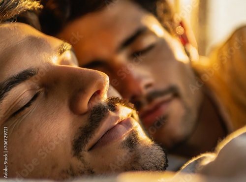 Closeup portrait of Latin gay couple sleeping together in bed on the morning.