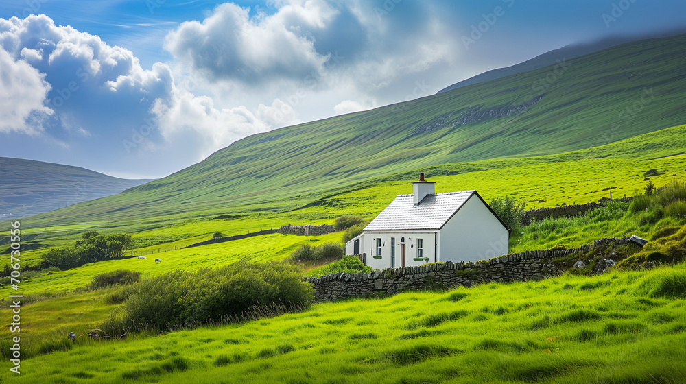 Rolling green hills and a charming cottage on a sunny day