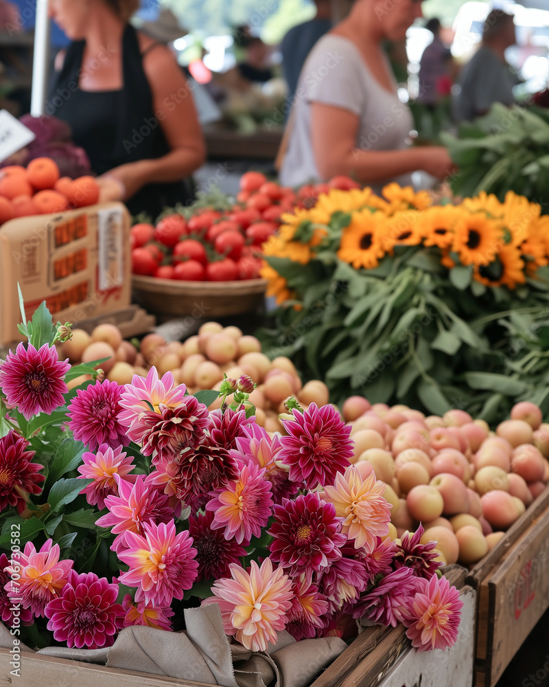A bustling farmers market with fresh produce and flowers