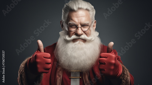 Old man in Santa costume showing thumbs up sign.