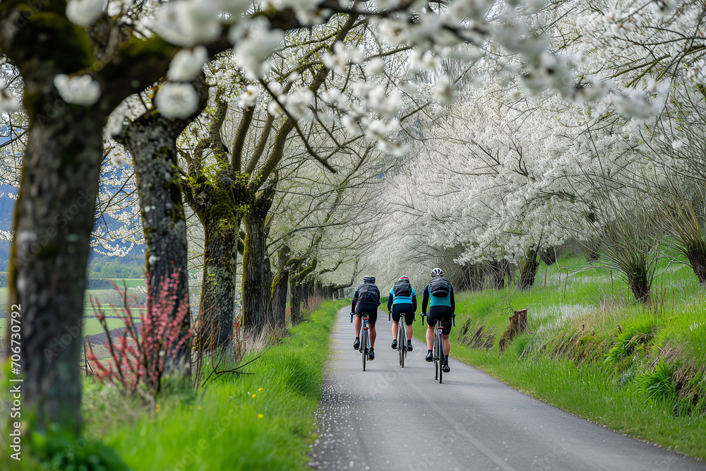 Cyclists riding through a scenic route surrounded by blossoming trees Cyclists riding through a scenic route surrounded by blossoming trees