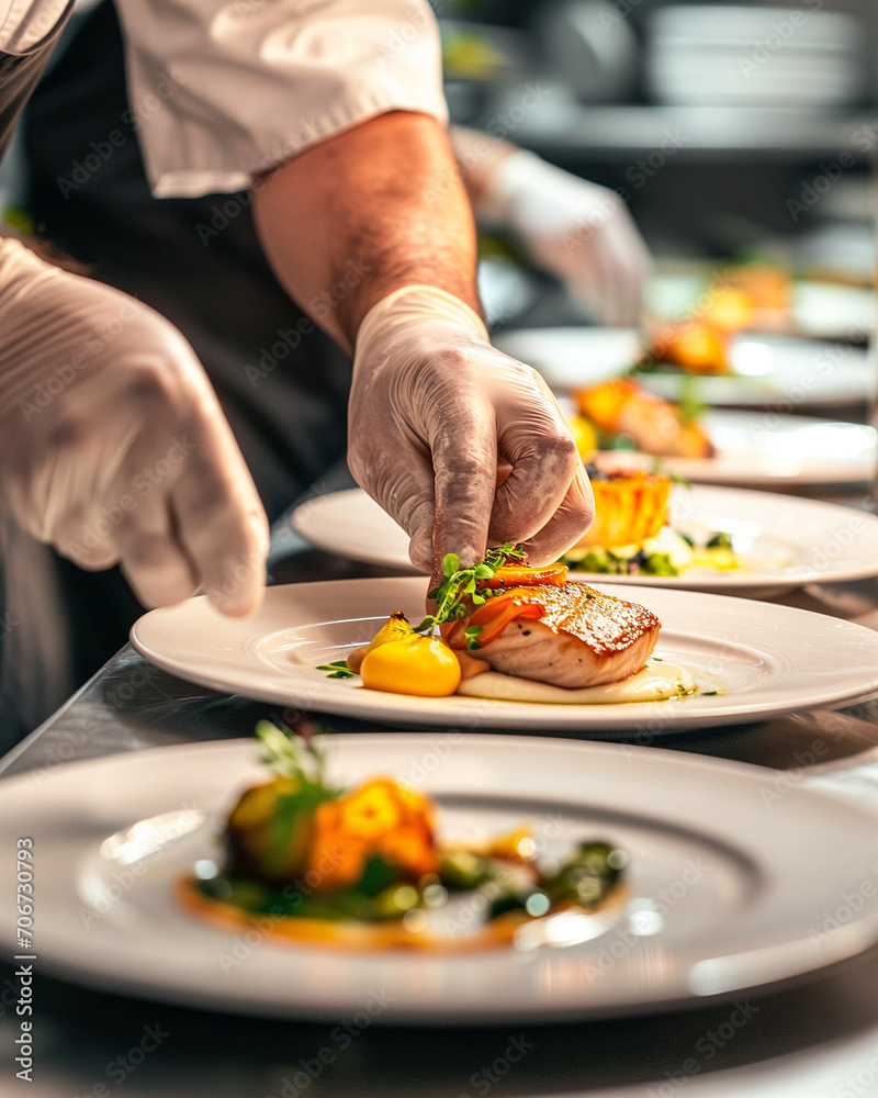 A chef creating an artistic dish in a professional kitchen, highlighting culinary skills