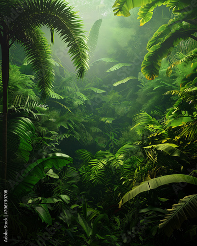 A dense  lush forest scene with a focus on biodiversity