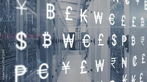 Animation of currency symbols and data processing over computer servers photo