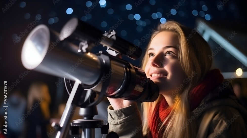 Close up photography of a young woman looking at the starry sky at night or evening through the optical telescope tripod astronomical instrument and smiling. Observing earth, stargazing, planets Close up photography of a young woman looking at the starry sky at night or evening through the optical telescope tripod astronomical instrument and smiling. Observing earth, stargazing, planets