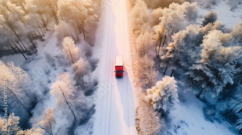 Aerial view photography of a red and white cargo semi truck with trailer driving on the snowy road surrounded by forest trees. Winter season travel and transportation, snowfall vehicle delivery