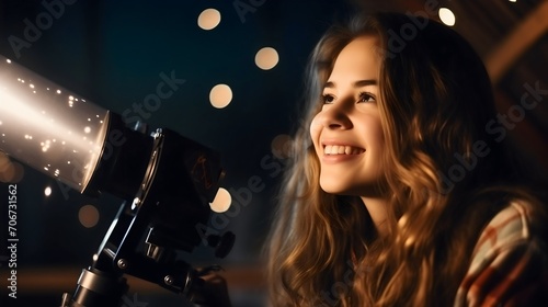 Close up photography of a young woman looking at the starry sky at night or evening through the optical telescope tripod astronomical instrument and smiling. Observing earth, stargazing, planets photo