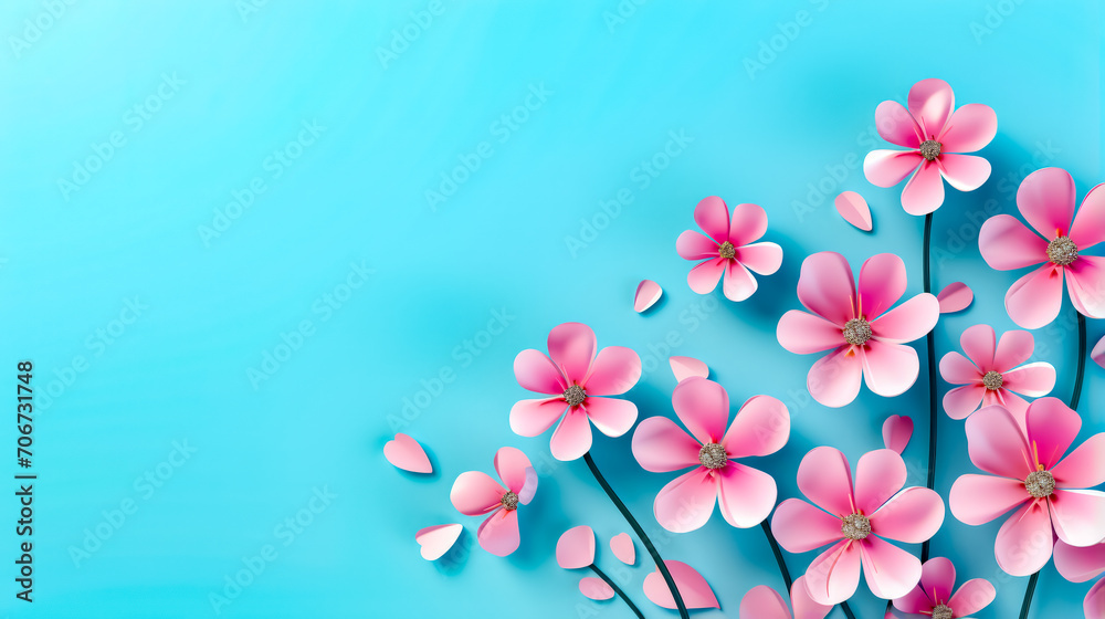 Bunch of pink flowers sitting on top of blue table next to each other.