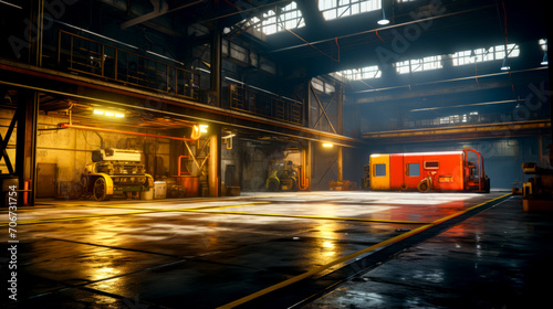 Large warehouse with red and yellow truck in the middle of it.