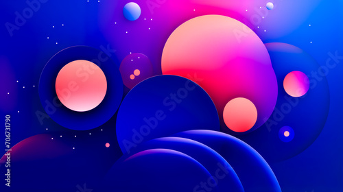 Blue and pink abstract background with lot of bubbles and stars in the sky.