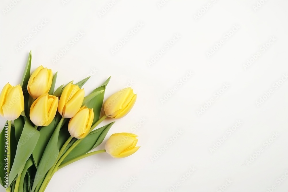 bouquet of beautiful yellow tulips on white background, flat lay and copy space - generative ai bouquet of beautiful yellow tulips on white background, flat lay and copy space - generative ai