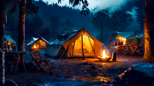 Group of tents lit up at night with campfire in the foreground.
