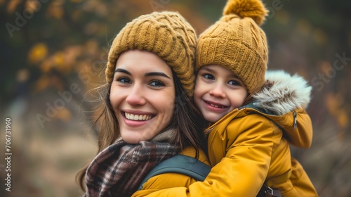 Mom and her cute little daughter, woman carrying the female child or kid on her back, both of them are smiling and looking at the camera. Walking outdoors in winter, happy family, motherhood concept