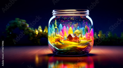 Glass jar with painting of house in the middle of it.