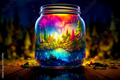 Glass jar filled with water and painting of landscape inside of it.