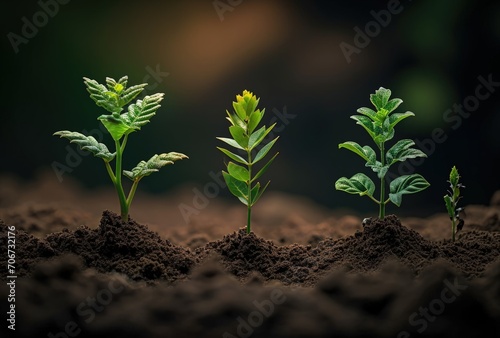 Group of Plants Growing in Soil. Generative AI.
