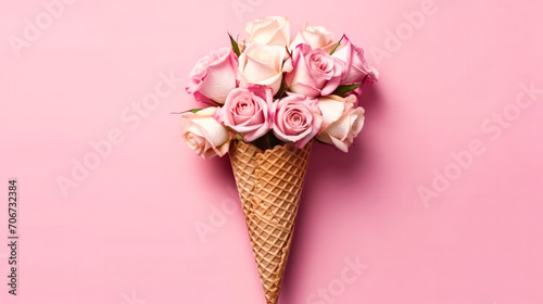 Delicious roses ice cream in a charming waffle cup