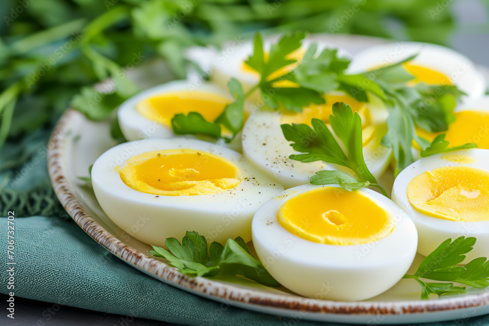 Plate with halved hard-boiled eggs sprinkled with pepper and garnished with parsley on a textured tablecloth. Plate with halved hard-boiled eggs sprinkled with pepper and garnished with parsley on a textured tablecloth.