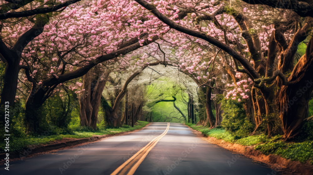 a road adorned with a captivating arch of cherry blossoms, a road adorned with a captivating arch of cherry blossoms,