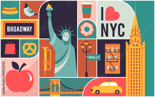 New York City, USA illustration, background, poster and banner design. Geometrical modern style concept illustration