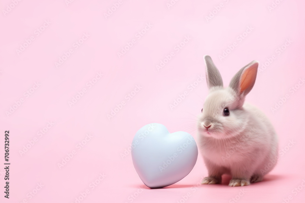 Fototapeta premium Little bunny near large heart on a pink background with copy space for text. Valentines Day, Happy Easter concept for card, postcard, poster, banner.