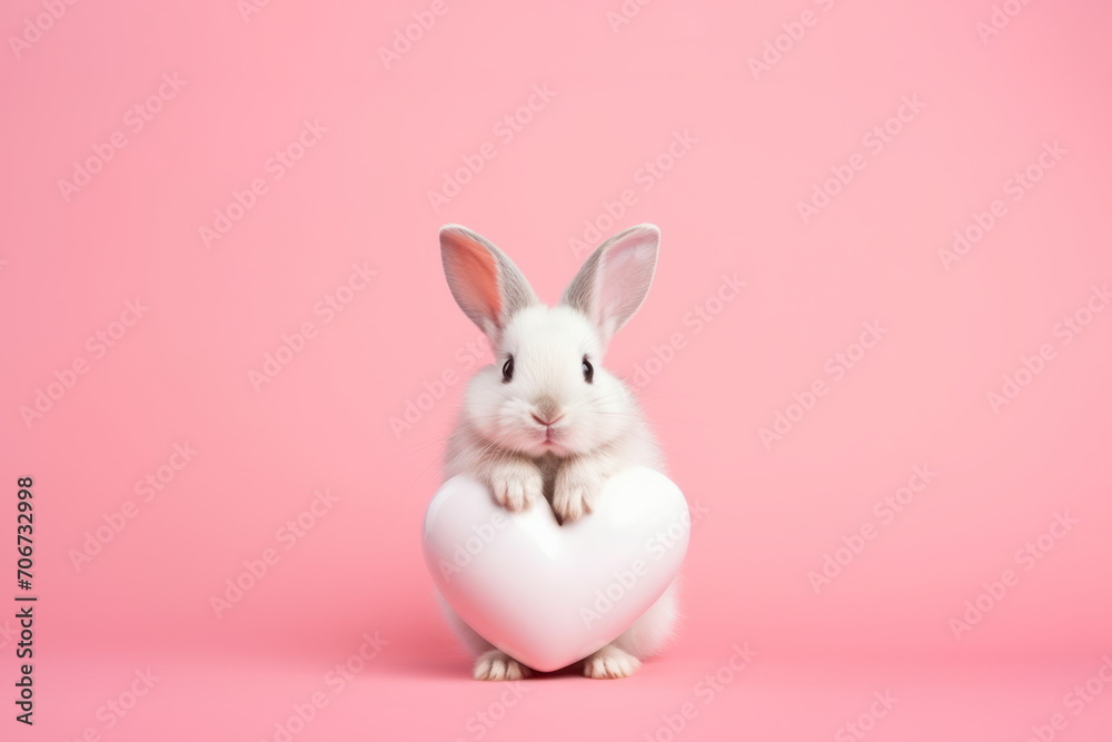 A cute white gray bunny holding a white heart on a pink background with copy space for text. Valentine's Day, Easter concept. For card, postcard, poster, banner. A cute white gray bunny holding a white heart on a pink background with copy space for text. Valentine's Day, Easter concept. For card, postcard, poster, banner.