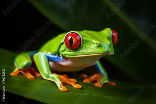 Close-up of red-eyed tree frog on leaves. Generative AI