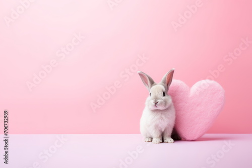 A sweet gray bunny sitting beside a fluffy pink heart on a pink background with copy space for text. Valentine's Day, Easter concept. For card, postcard, poster, banner.