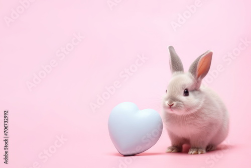Little bunny near large heart on a pink background with copy space for text. Valentines Day, Happy Easter concept for card, postcard, poster, banner. © Milan