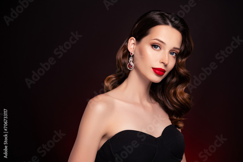Photo of attractive lady millionaire wife enjoying on event ceremony over dark color background