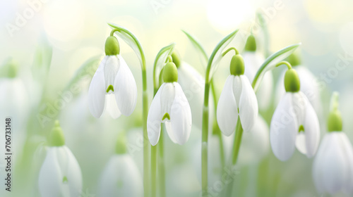 vibrant snowdrops, a symbol of springs awakening, bathed in morning sunlight.