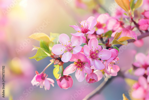 Close-up of vibrant pink spring blossoms with yellow centers on a branch, bathed in soft sunlight.