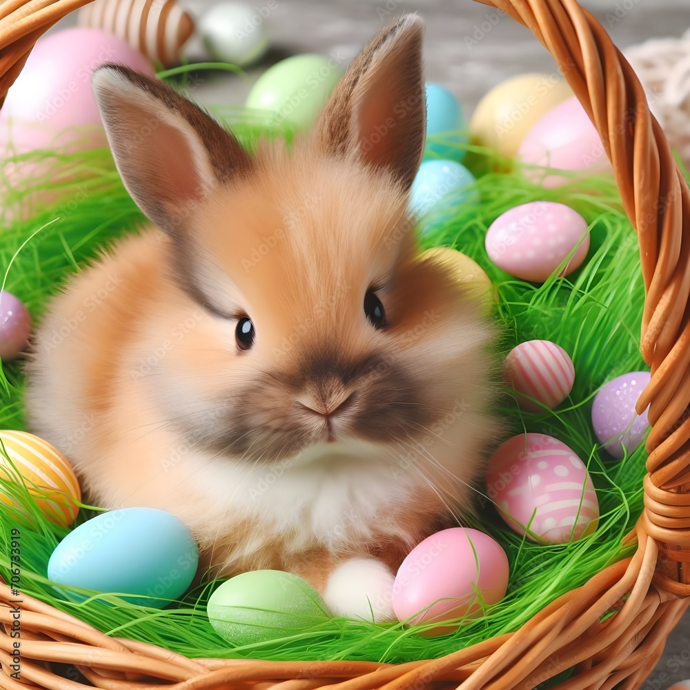 An adorable pet bunny surrounded by Easter grass and pastel candies in a woven basket