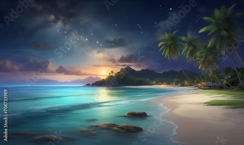 beach on the background of tropical trees and rocks  evening atmosphere  landscape