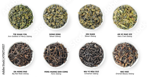 Collection of Chinese oolong teas, loose dries leaves in bowls, top view, isolated on white photo