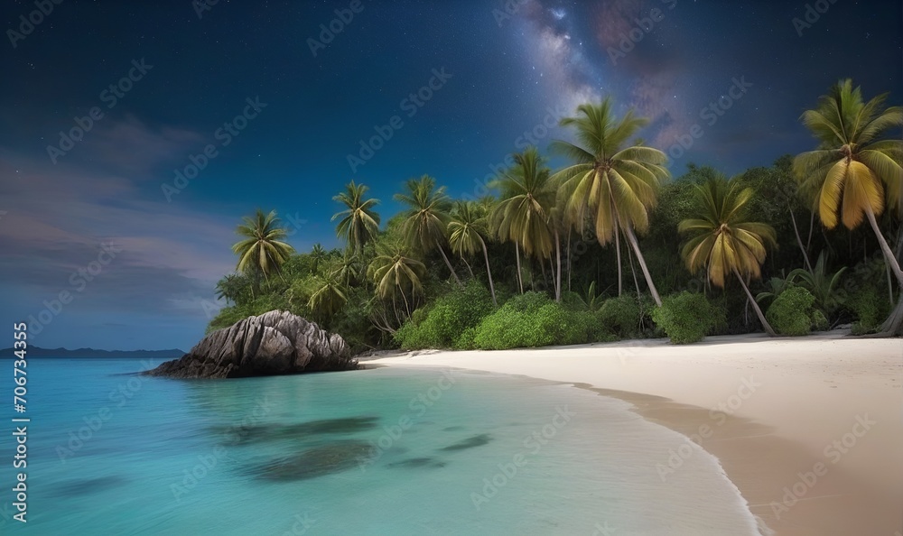 beach on the background of tropical trees and rocks, evening atmosphere, landscape