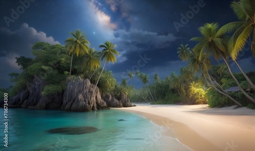 beach on the background of tropical trees and rocks  evening atmosphere  landscape
