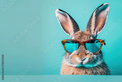 Rabbit Wearing Sunglasses on Blue Background. Generative AI.