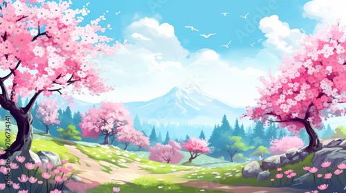 a majestic volcano and blossoming sakura trees