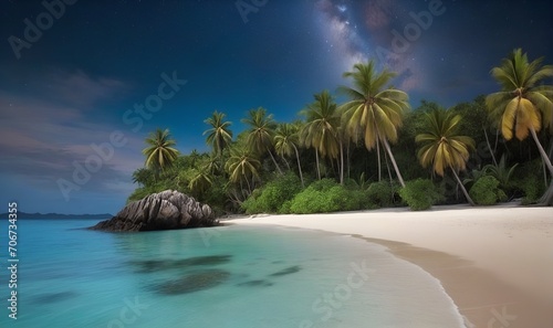 beach on the background of tropical trees and rocks, evening atmosphere, landscape