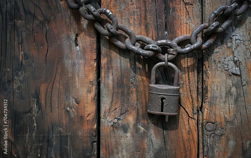 Rusty padlock on old wooden door, close up view. Rusty padlock on old wooden door, close up view.