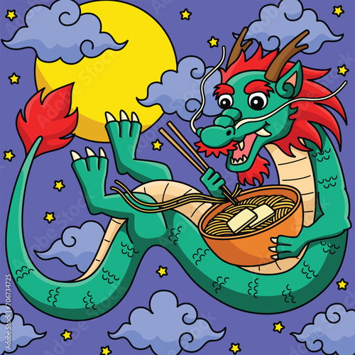Year of the Dragon Eating Noodles Colored Cartoon