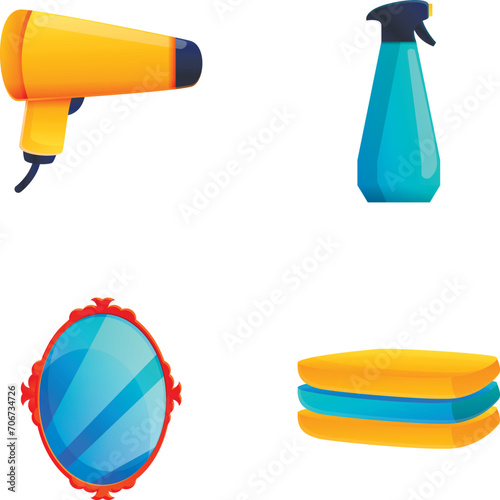 Bathroom accessory icons set cartoon vector. Hair dryer, towel, mirror. Body care, hygiene