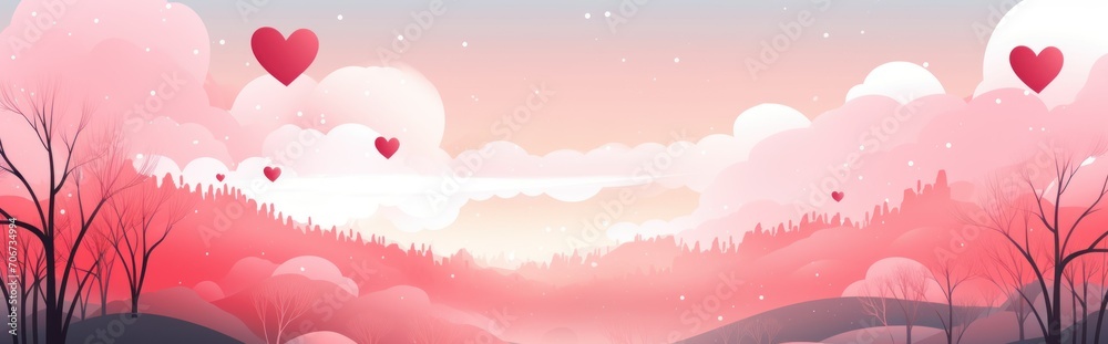 painted pink landscape with mountains, trees and hearts. concept for postcard, banner, place for text. mock-up horizontal photo