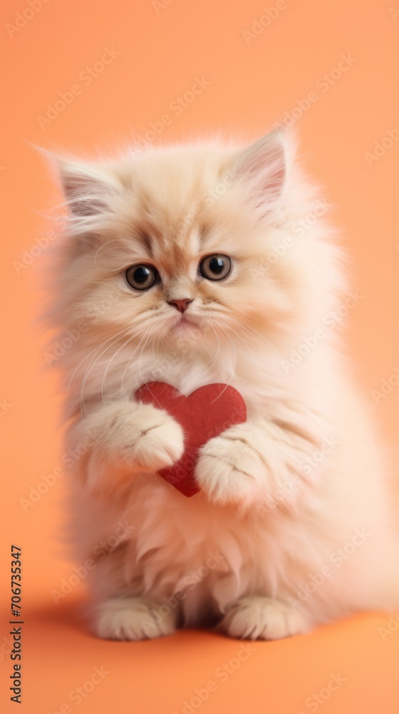 A fluffy and red kitten holds a small red heart in its paws. peach background. vertical photo. blurred background. mock-up, blur, selective focus. concept for February 14, Valentine's Day, gift