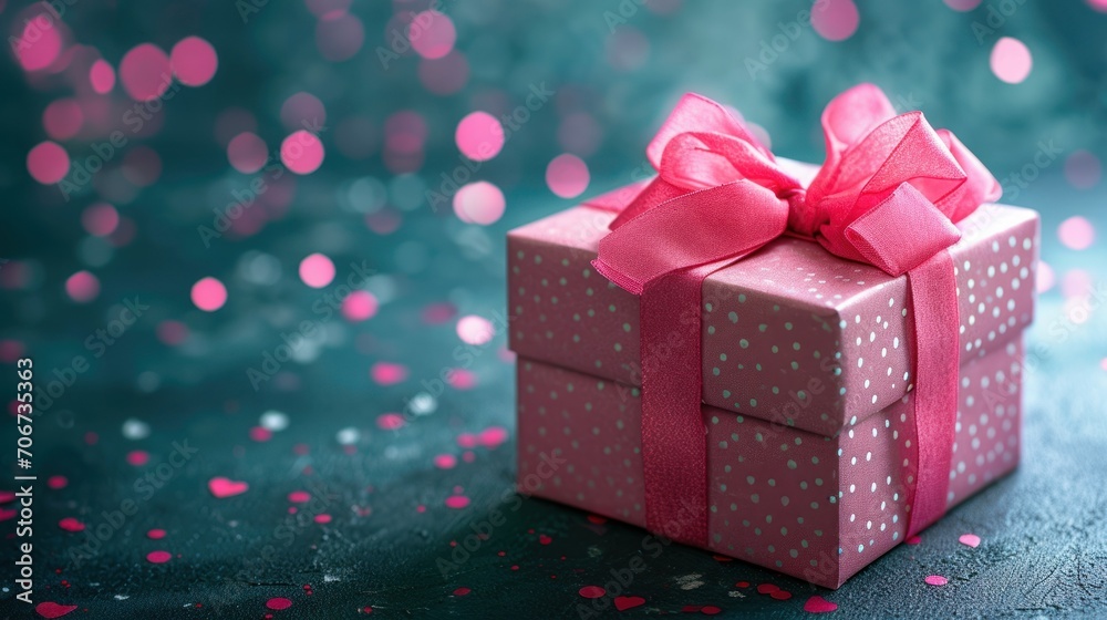 pink box with a big pink bow. the background is blue and blurred. mock-up, isolated, copy space