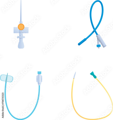 Venous catheter icons set cartoon vector. Intravenous cannula and catheter. Various injection device photo
