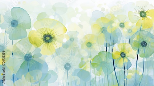 Abstract illustration of layers of translucent white, blue and yellow flowers © EAStevens